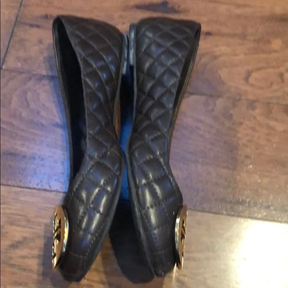 Tory Burch Black Quilted Leather Flats with Gold Logo Medallion